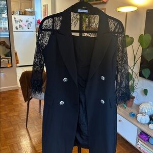 Short Black Blazer Dress with Lace Sleeves and feather Accents